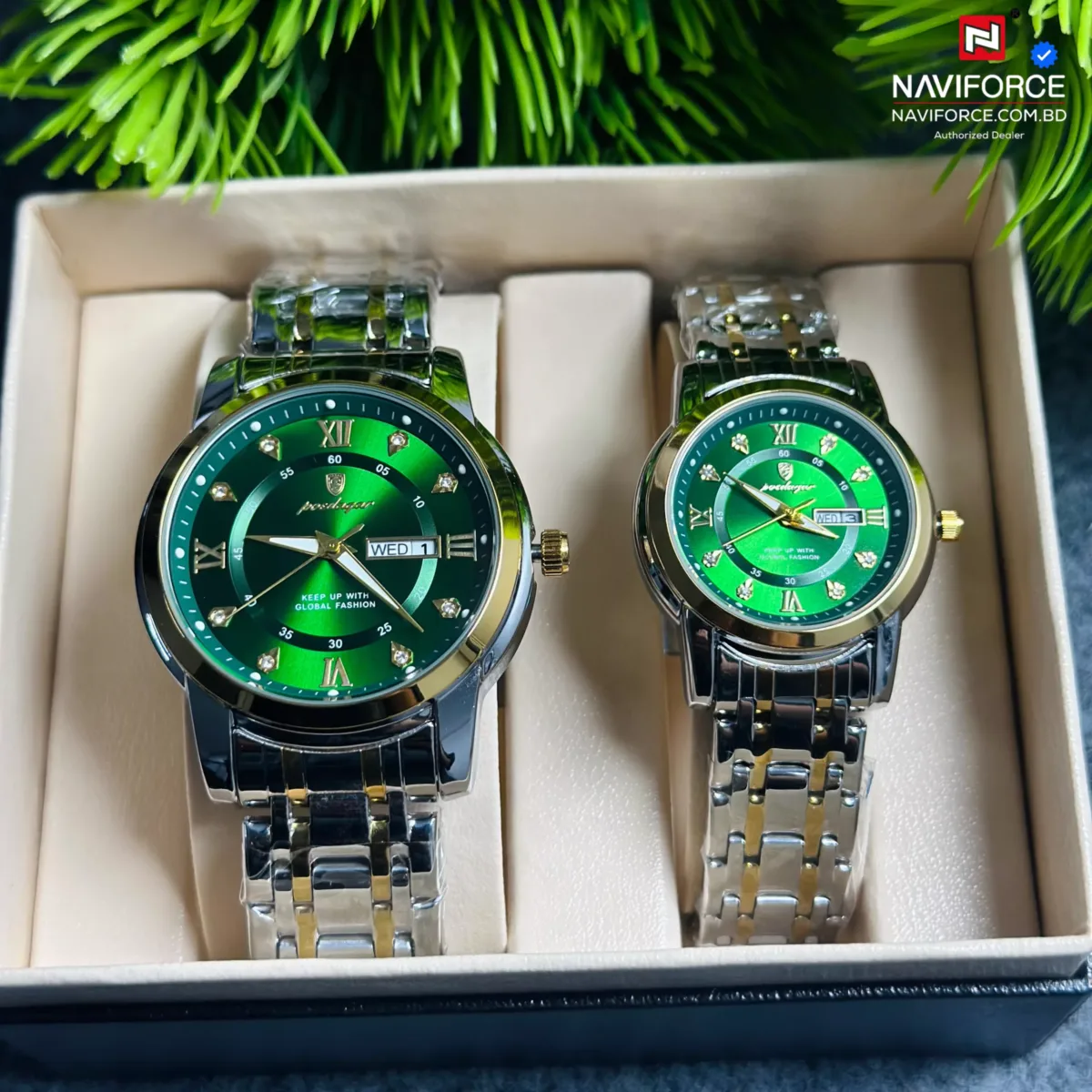 Poedagar 936 Couple Watch - Green With Premium Box - Image 2
