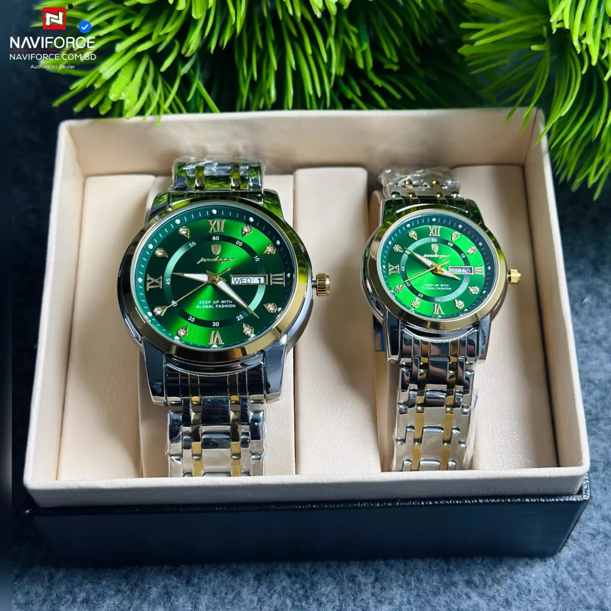 Poedagar 936 Couple Watch - Green With Premium Box - Image 4