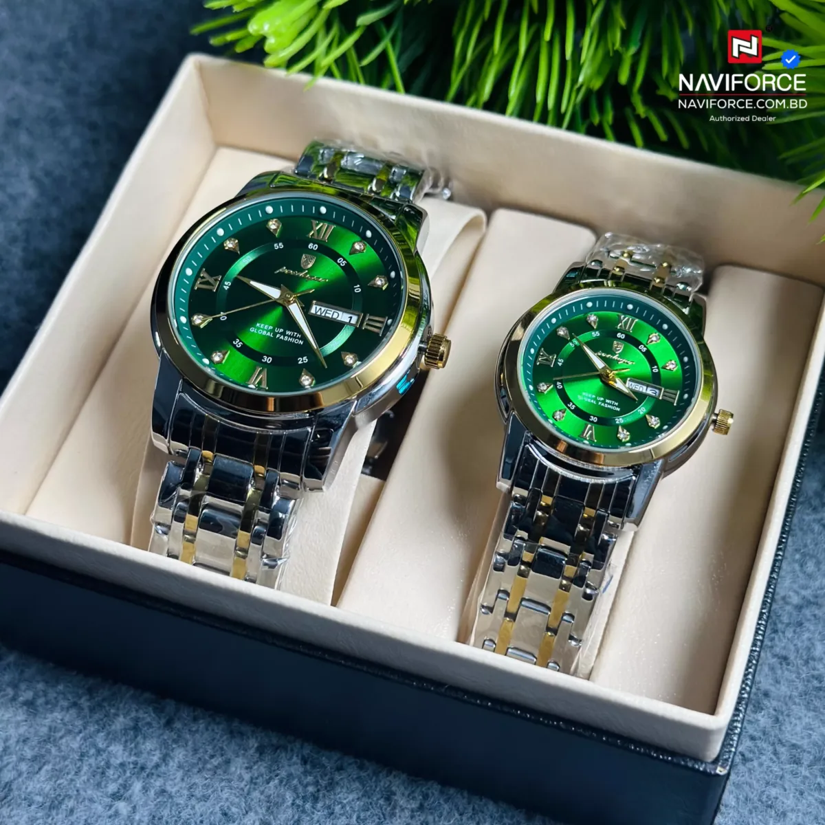 Poedagar 936 Couple Watch - Green With Premium Box - Image 3